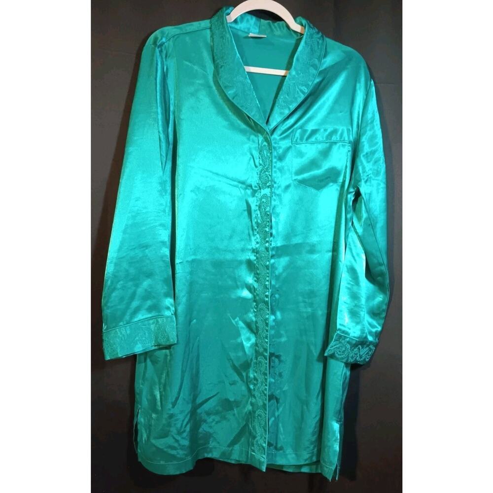 Cabernet Teal Silky Sleep Dress Size Medium Paisley Hidden Button Up Front VTG